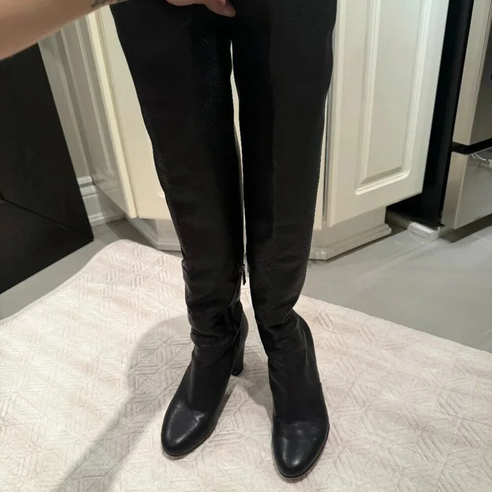 Black Leather Knee High Heeled Boots, Michael Kors, Size 7 - Picture 2 of 10